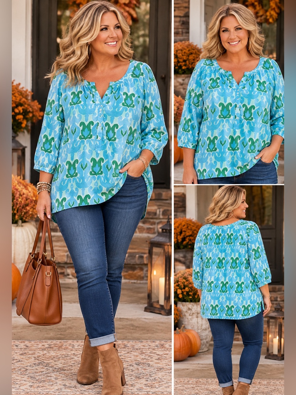TALBOTS COTTON 3/4 SLEEVE V NECK 1/4 BUTTON TOP TUNIC TOP SIZE 3X CASUAL CHIC